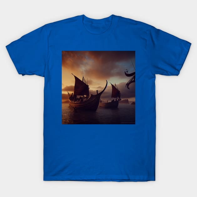 Viking Raiders on Longships T-Shirt by Grassroots Green